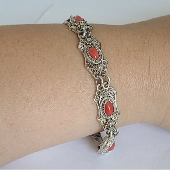 Vintage Antique Boho Sterling Silver Red Coral Cabochon Filigree Chain Bracelet - Picture 7 of 15